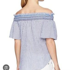 Ralph Lauren Smocked Chambray Blue/White Stripe Off-Shoulder Top Tassled Small